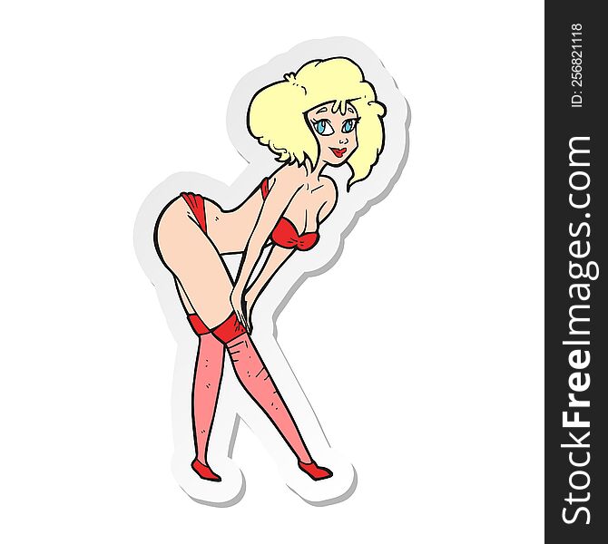 Sticker Of A Cartoon Pin Up Girl Putting On Stockings