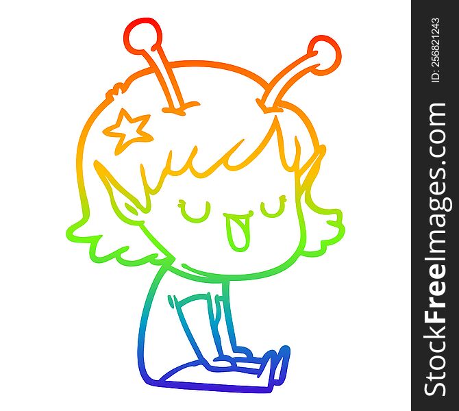 rainbow gradient line drawing of a happy alien girl cartoon laughing