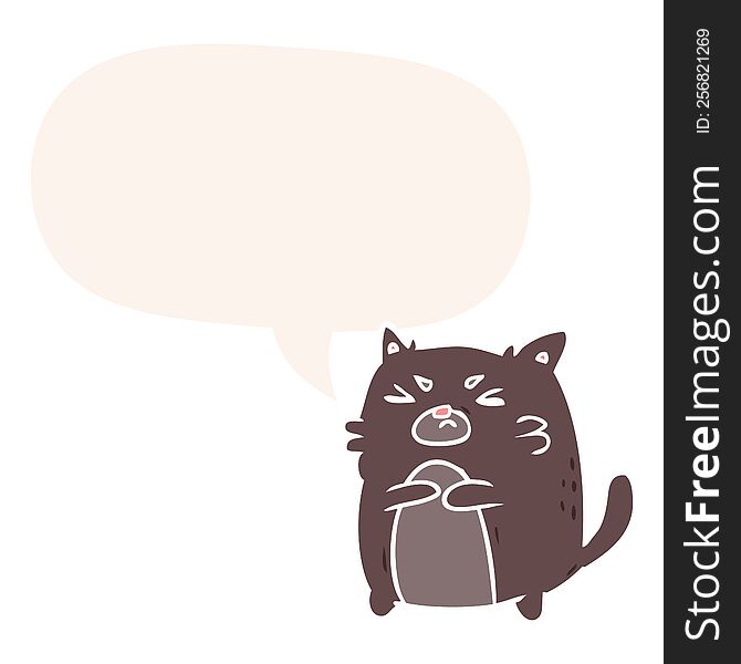 cartoon angry cat with speech bubble in retro style