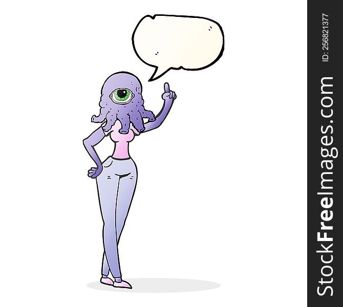 freehand drawn speech bubble cartoon female alien with raised hand