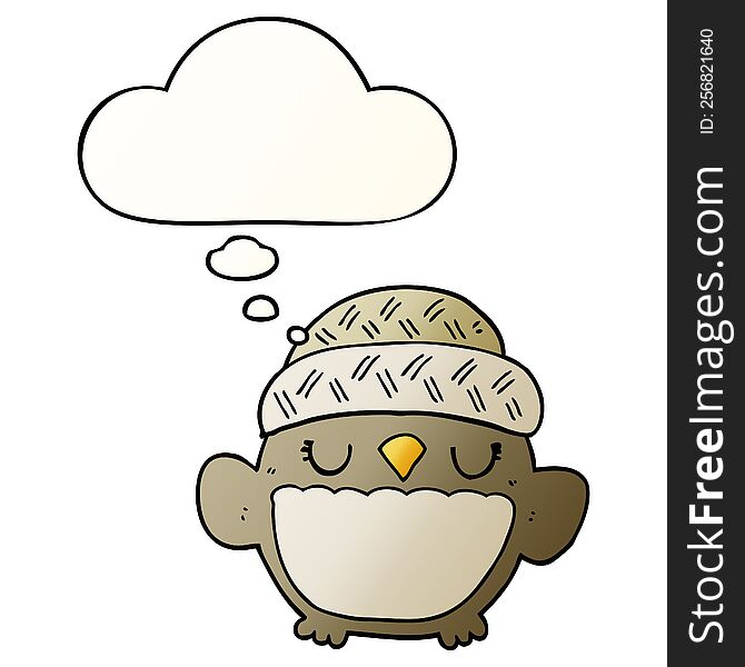 Cute Cartoon Owl In Hat And Thought Bubble In Smooth Gradient Style
