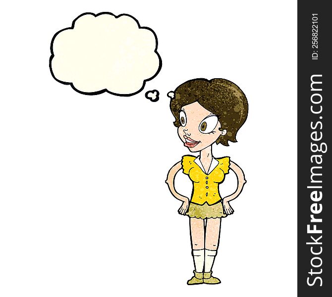 Cartoon Happy Woman In Short Skirt With Thought Bubble