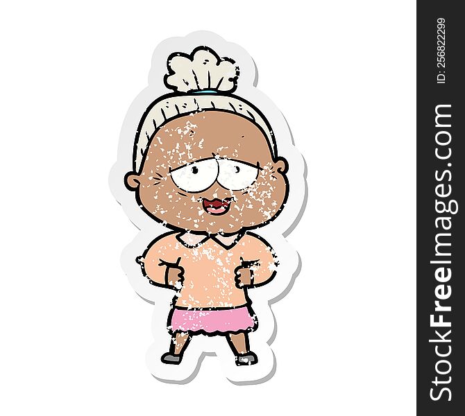 Distressed Sticker Of A Cartoon Happy Old Lady