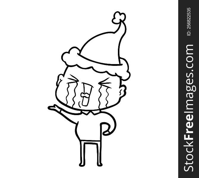 Line Drawing Of A Crying Bald Man Wearing Santa Hat