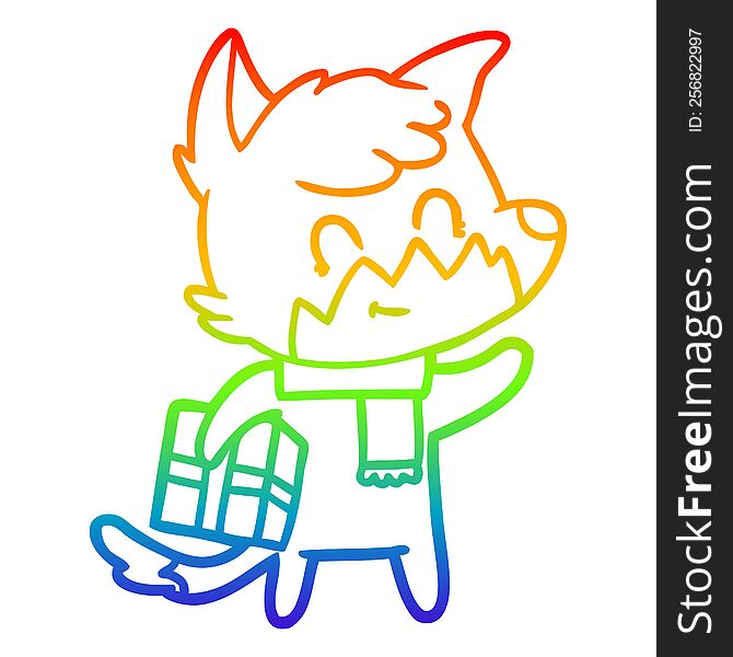 Rainbow Gradient Line Drawing Cartoon Friendly Christmas Fox