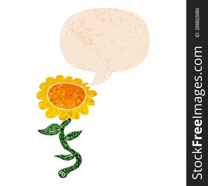 Cartoon Sunflower And Speech Bubble In Retro Textured Style