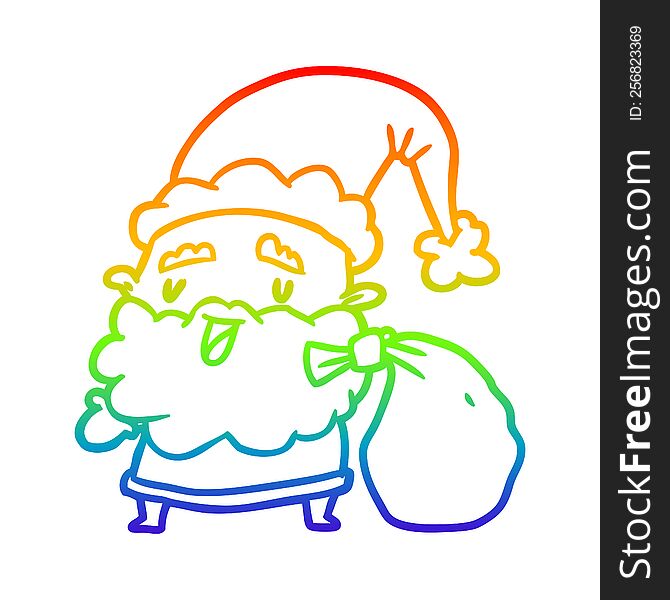 rainbow gradient line drawing of a santa claus carrying sack of presents