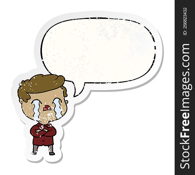 Cartoon Man Crying And Speech Bubble Distressed Sticker