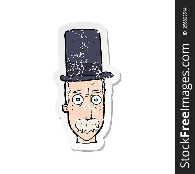 retro distressed sticker of a cartoon man wearing top hat