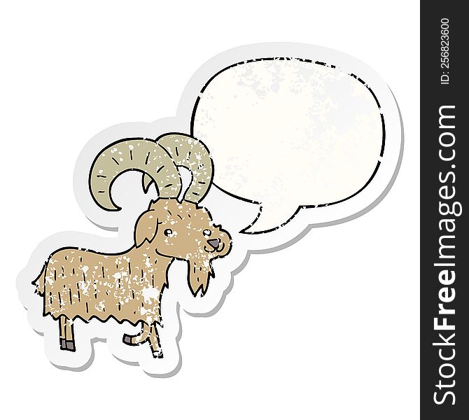cartoon goat with speech bubble distressed distressed old sticker. cartoon goat with speech bubble distressed distressed old sticker