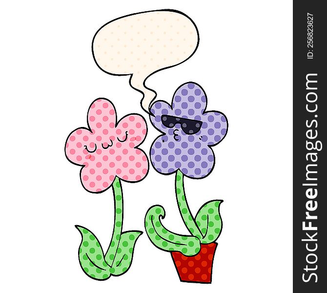 Cute Cartoon Flower And Speech Bubble In Comic Book Style