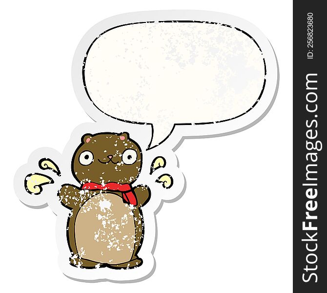 Cartoon Happy Teddy Bear And Speech Bubble Distressed Sticker