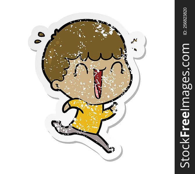 distressed sticker of a laughing cartoon man running