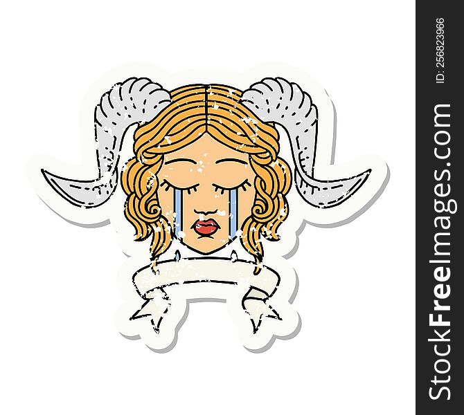 grunge sticker of a crying tiefling with scroll banner. grunge sticker of a crying tiefling with scroll banner