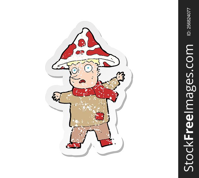 retro distressed sticker of a cartoon magical mushroom man