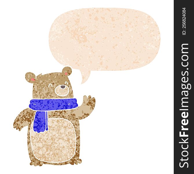 Cartoon Bear Wearing Scarf And Speech Bubble In Retro Textured Style