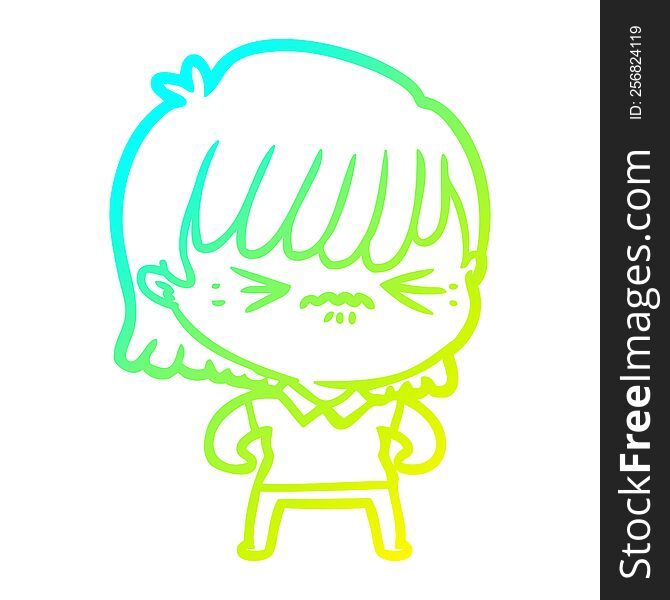 Cold Gradient Line Drawing Annoyed Cartoon Girl