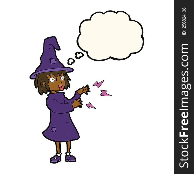 cartoon witch casting spell with thought bubble
