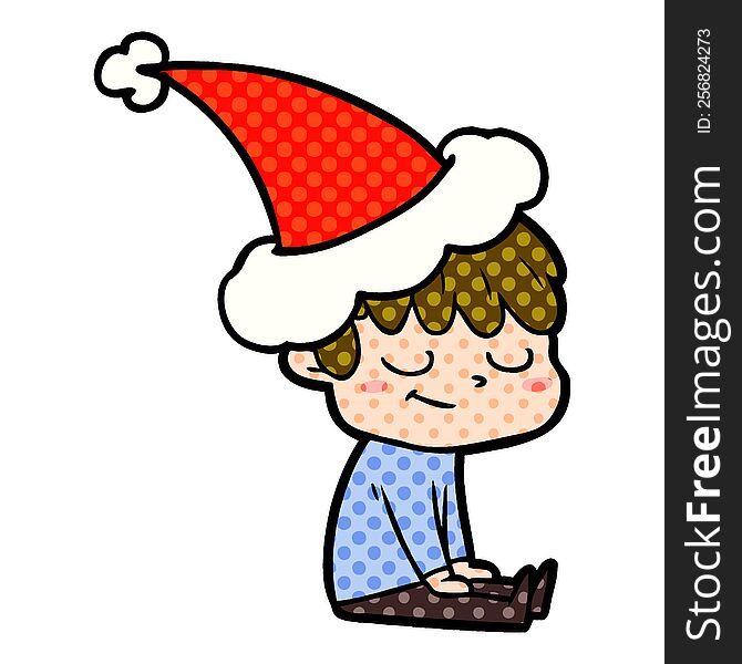 hand drawn comic book style illustration of a happy boy wearing santa hat