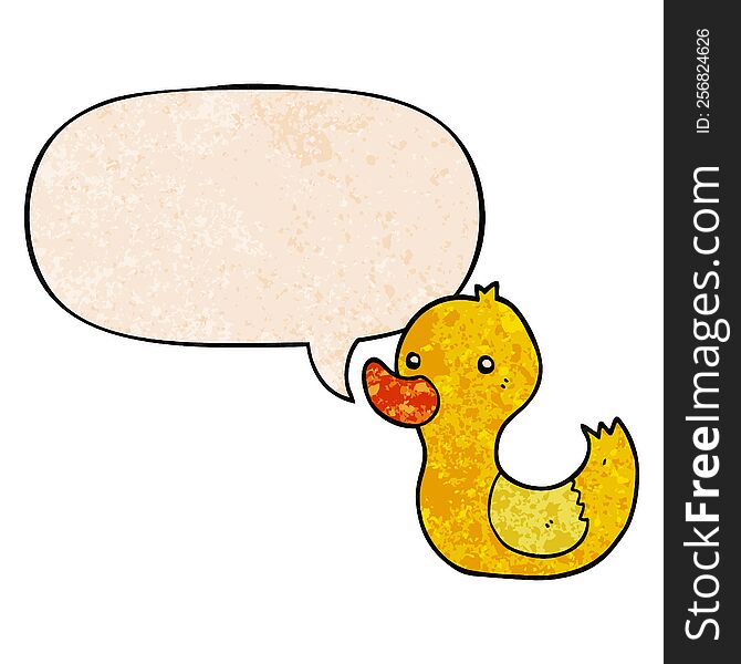 cartoon duck with speech bubble in retro texture style