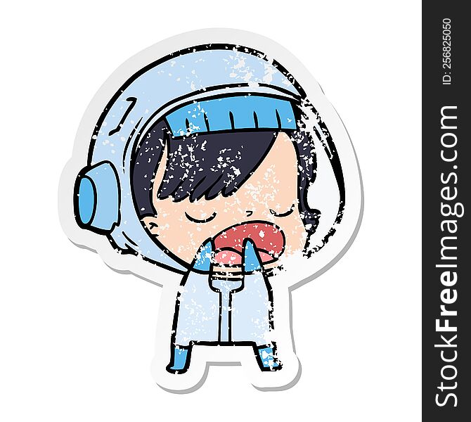 distressed sticker of a cartoon astronaut woman explaining