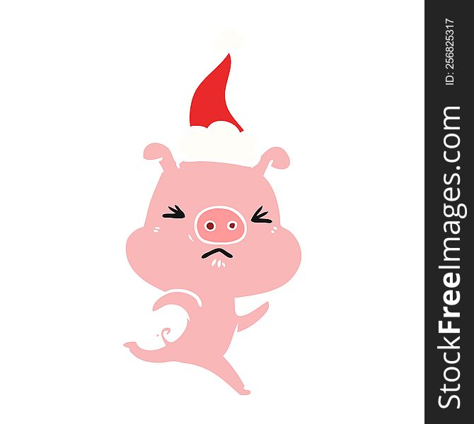 hand drawn flat color illustration of a annoyed pig running wearing santa hat