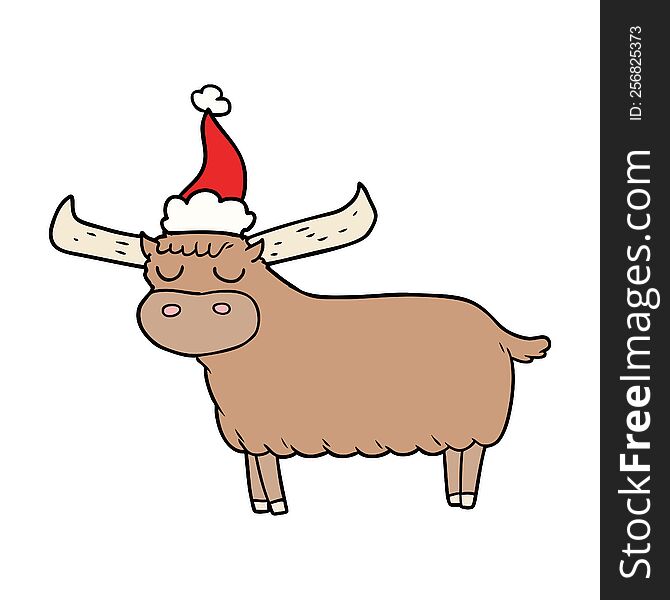 hand drawn line drawing of a bull wearing santa hat