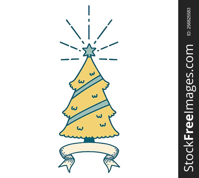 banner with tattoo style christmas tree with star