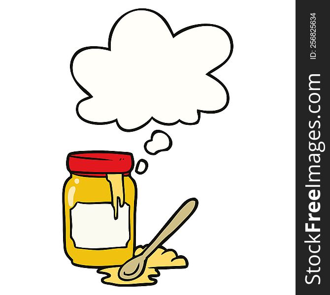 cartoon jar of honey with thought bubble. cartoon jar of honey with thought bubble