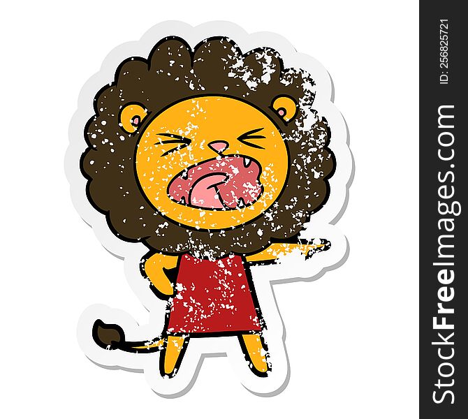 Distressed Sticker Of A Cartoon Angry Lion In Dress