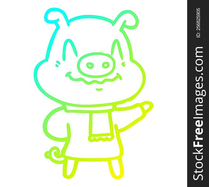 cold gradient line drawing of a nervous cartoon pig wearing scarf