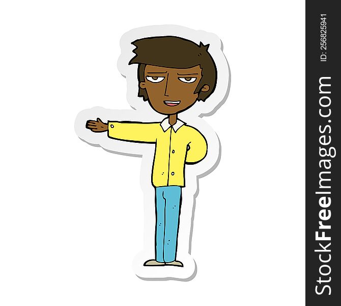 sticker of a cartoon man gesturing welcome