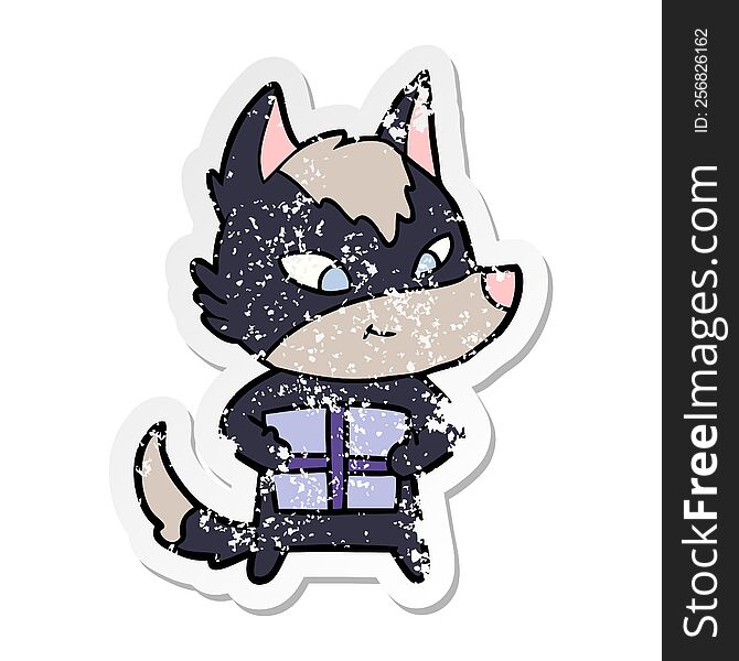Distressed Sticker Of A Friendly Cartoon Wolf With Gift