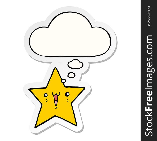 happy cartoon star with thought bubble as a printed sticker