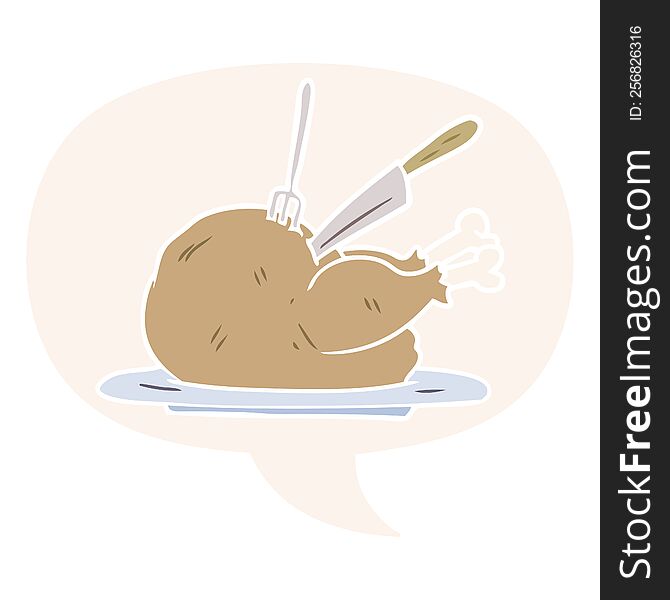 Cartoon Cooked Turkey Being Carved And Speech Bubble In Retro Style