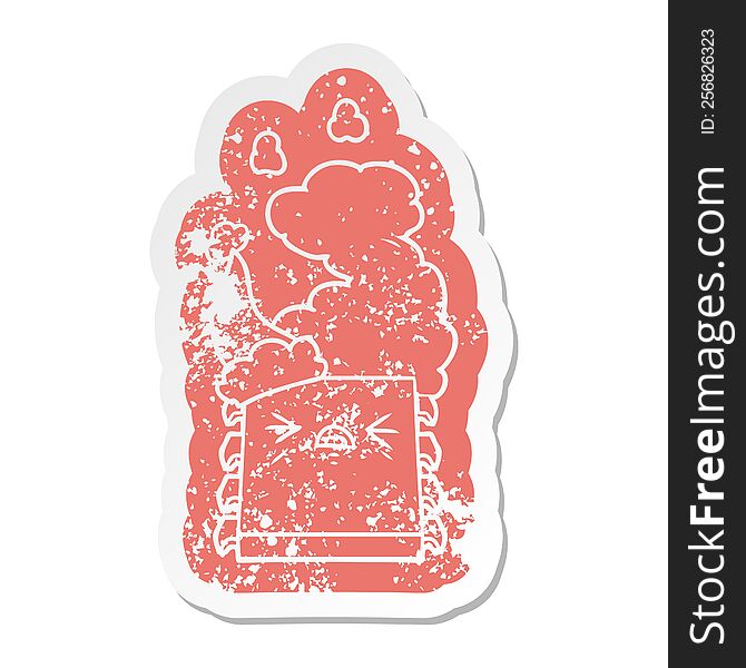 Cartoon Distressed Sticker Of A Overheating Computer Chip Wearing Santa Hat