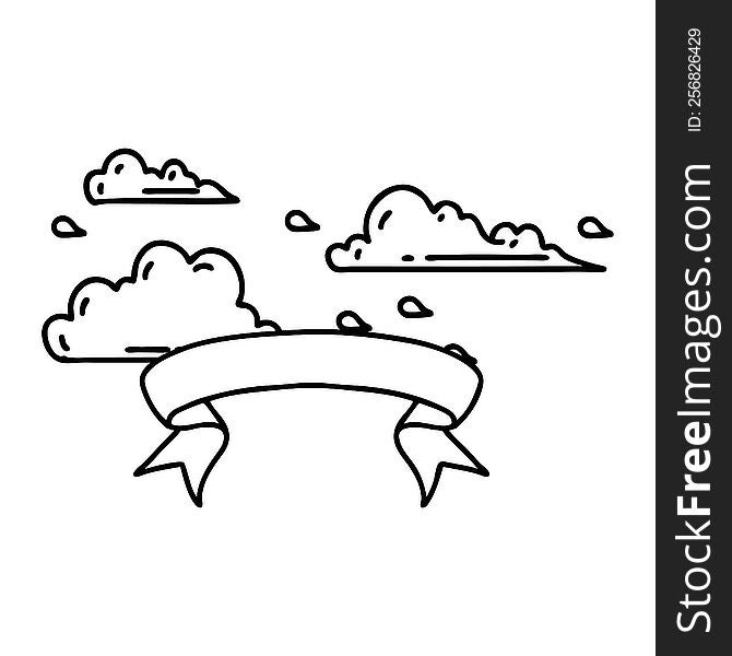 scroll banner with black line work tattoo style floating clouds