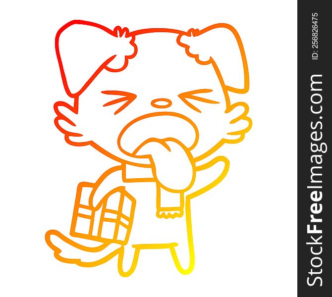 warm gradient line drawing of a cartoon disgusted dog with christmas gift