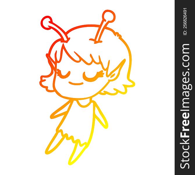 Warm Gradient Line Drawing Smiling Alien Girl Cartoon Floating