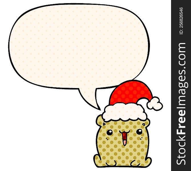 Cute Cartoon Bear And Christmas Hat And Speech Bubble In Comic Book Style