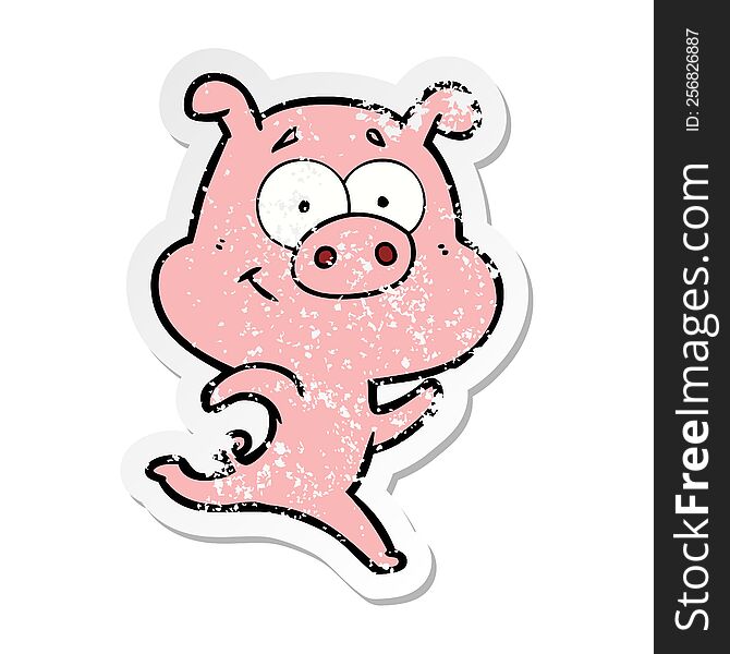 Distressed Sticker Of A Happy Cartoon Pig Running