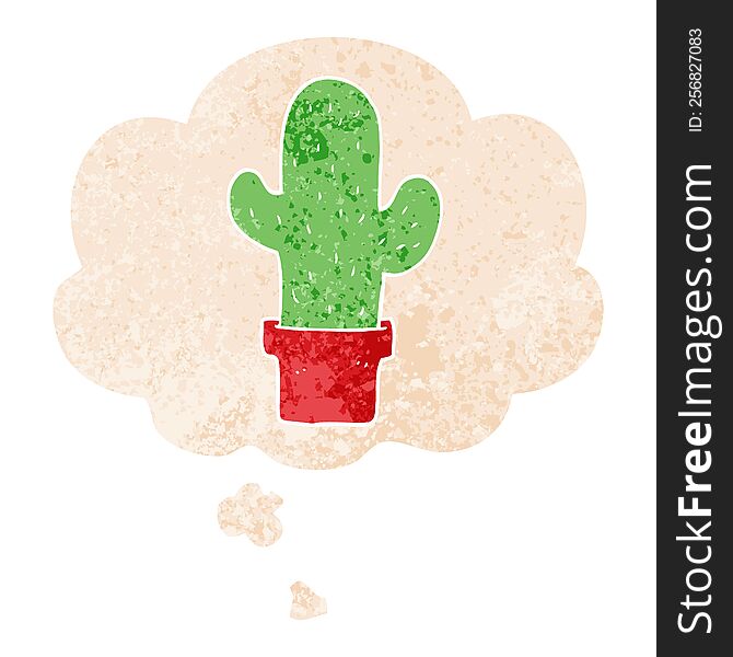 Cartoon Cactus And Thought Bubble In Retro Textured Style