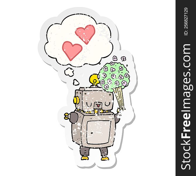 cartoon robot in love with thought bubble as a distressed worn sticker