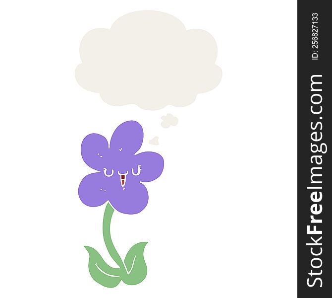 cartoon flower with happy face with thought bubble in retro style