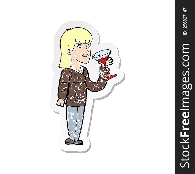 retro distressed sticker of a cartoon woman drinking cocktail