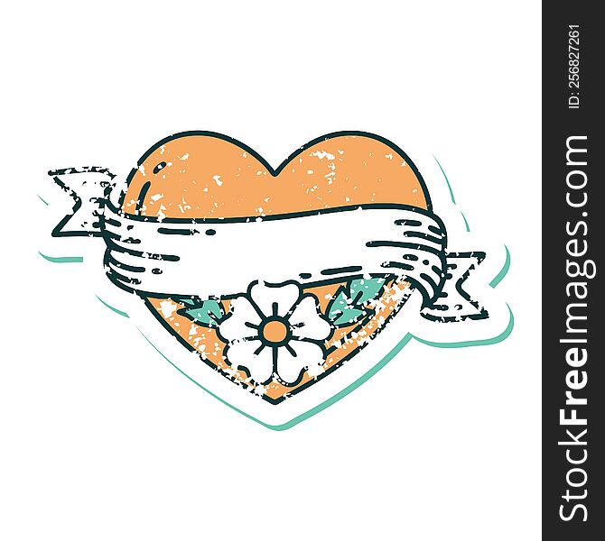 Distressed Sticker Tattoo Style Icon Of A Heart And Banner With Flowers