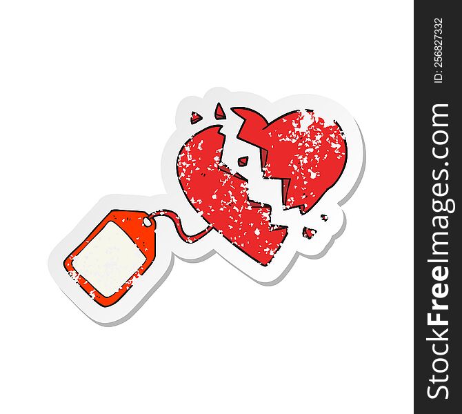 Retro Distressed Sticker Of A Cartoon Luggage Tag On Broken Heart