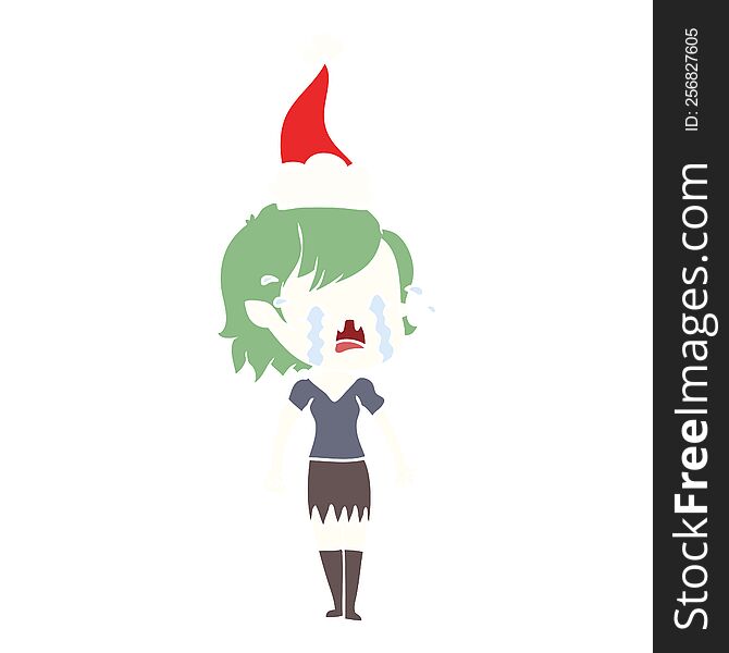 hand drawn flat color illustration of a crying vampire girl wearing santa hat
