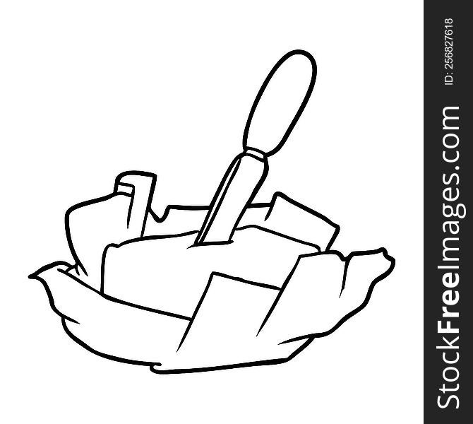 line drawing of a traditional pat of butter with knife. line drawing of a traditional pat of butter with knife