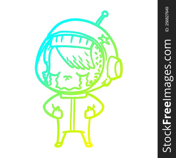 cold gradient line drawing of a cartoon crying astronaut girl